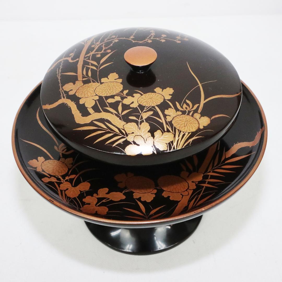 四君子蒔絵 黒腰高茶台 漆 一対　共箱 天目台 黒塗