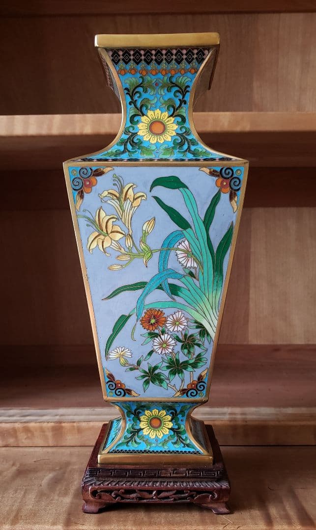 七宝 花瓶 花鳥図 台座付