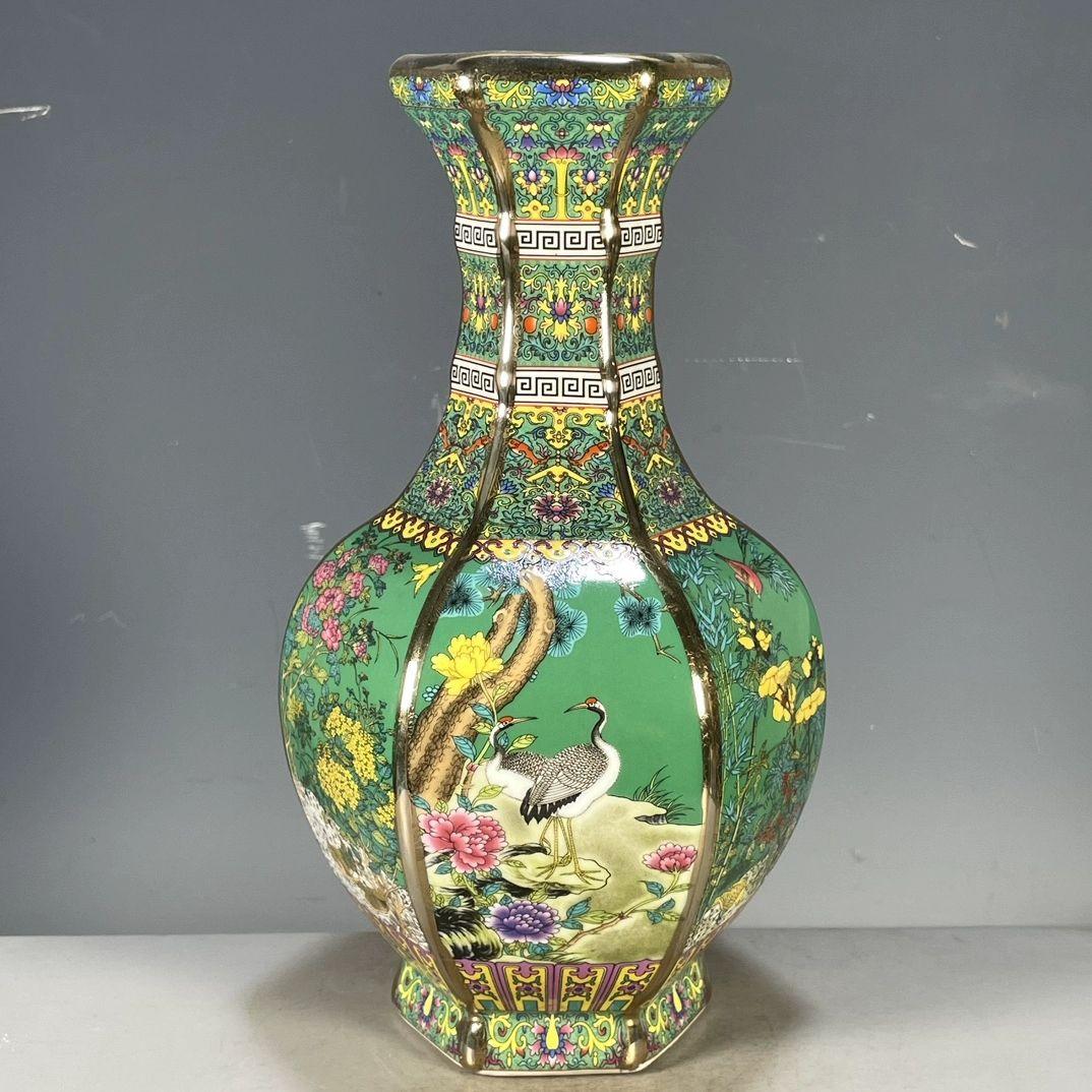 琺瑯彩花鳥紋六稜賞瓶 景徳鎮 陶磁器 装飾品 現代工芸品 美術品 置物
