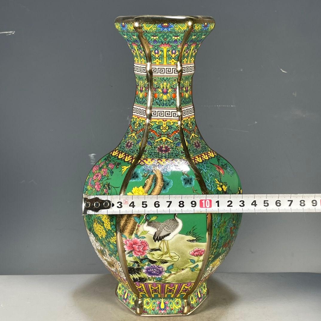 琺瑯彩花鳥紋六稜賞瓶 景徳鎮 陶磁器 装飾品 現代工芸品 美術品 置物