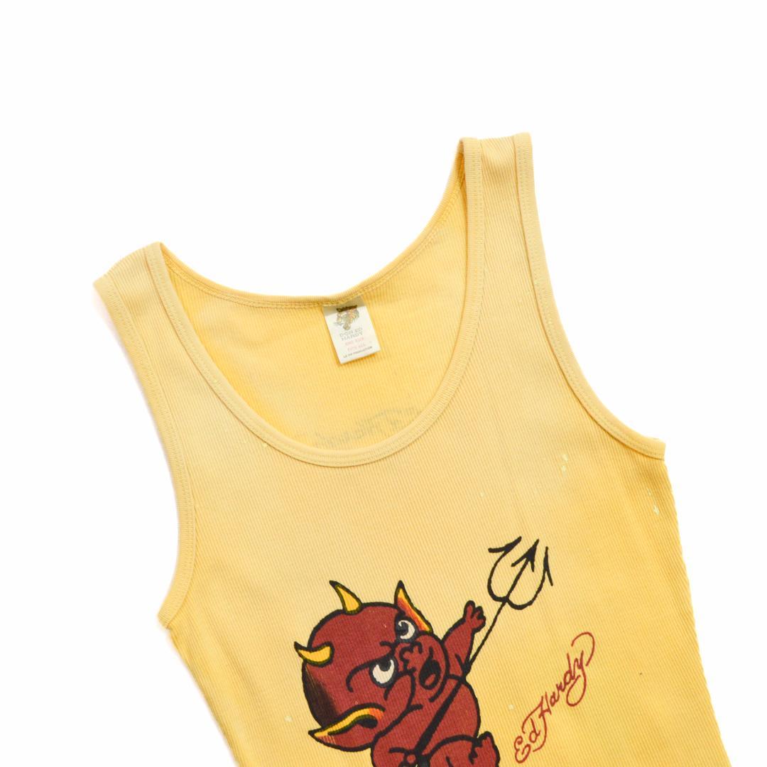 【美品】ED HARDYエドハーディ ベイビーデビル ダメージドタンクトップ黄色