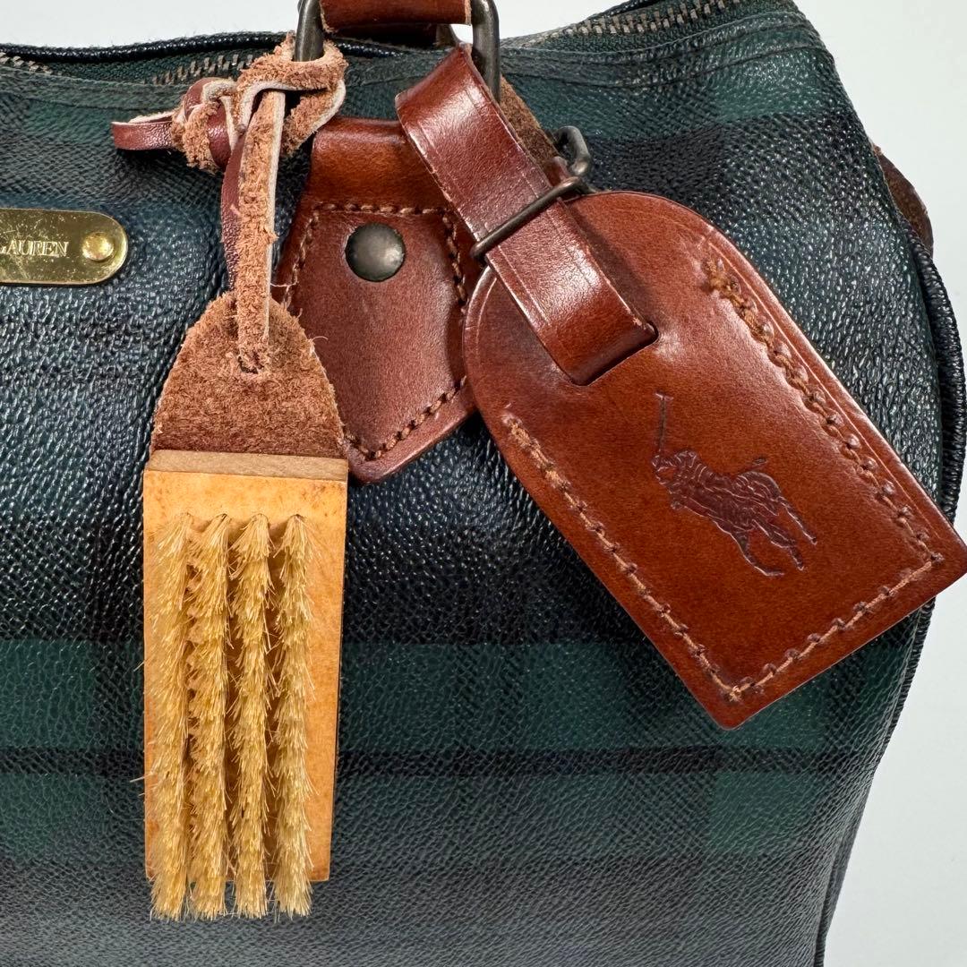 ラルフローレン ミニボストンバッグ ブラックウォッチ チェック グリーン レザー