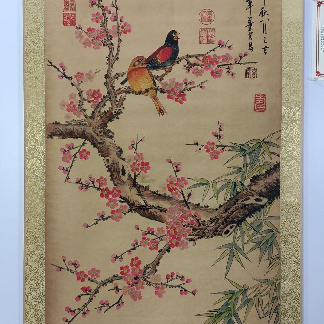 【証書付き・中堂画】花鳥図 掛軸　手描き作品　大型サイズ 70×173cm