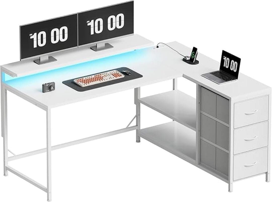 ホワイト L字型パソコンデスク LEDライト付き