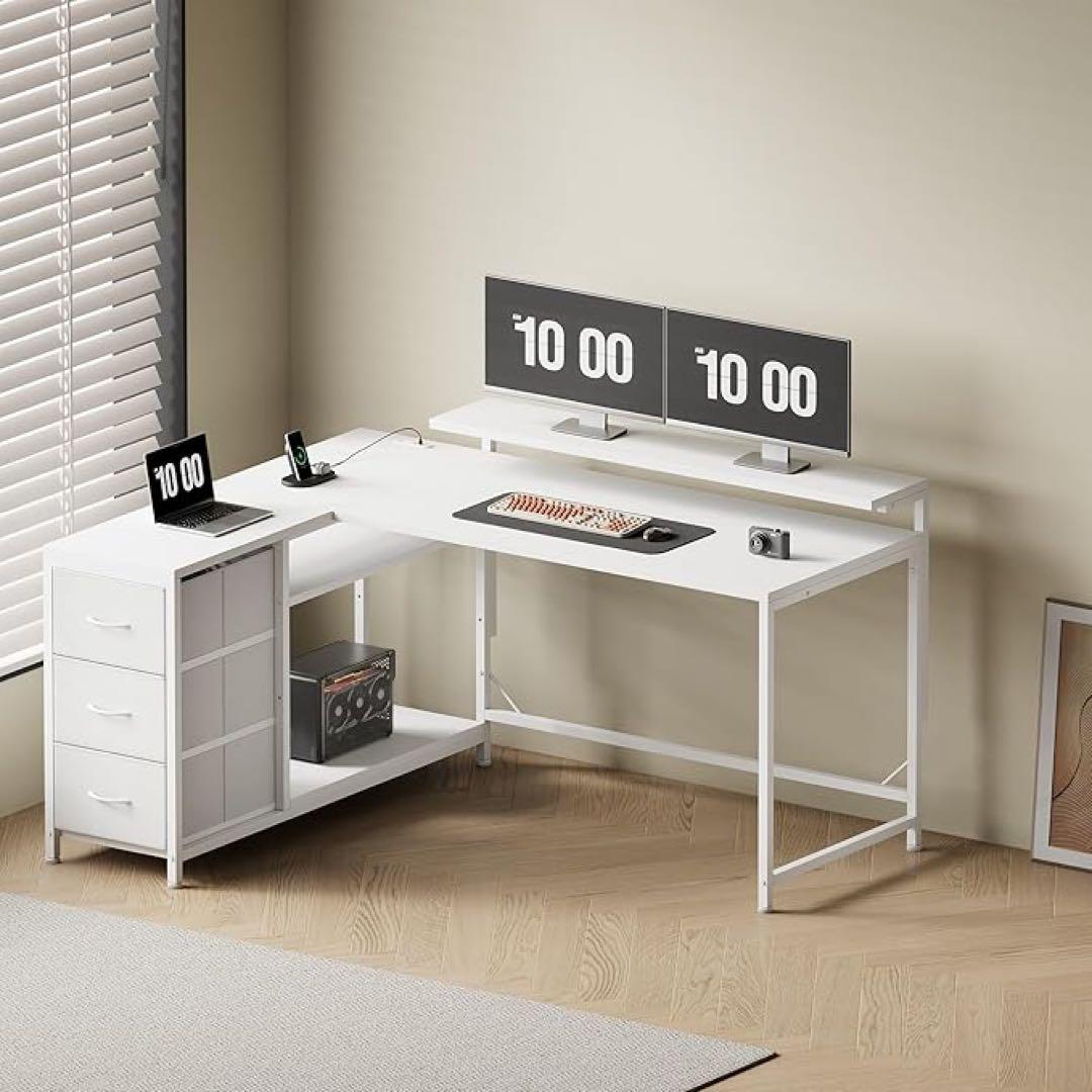 ホワイト L字型パソコンデスク LEDライト付き