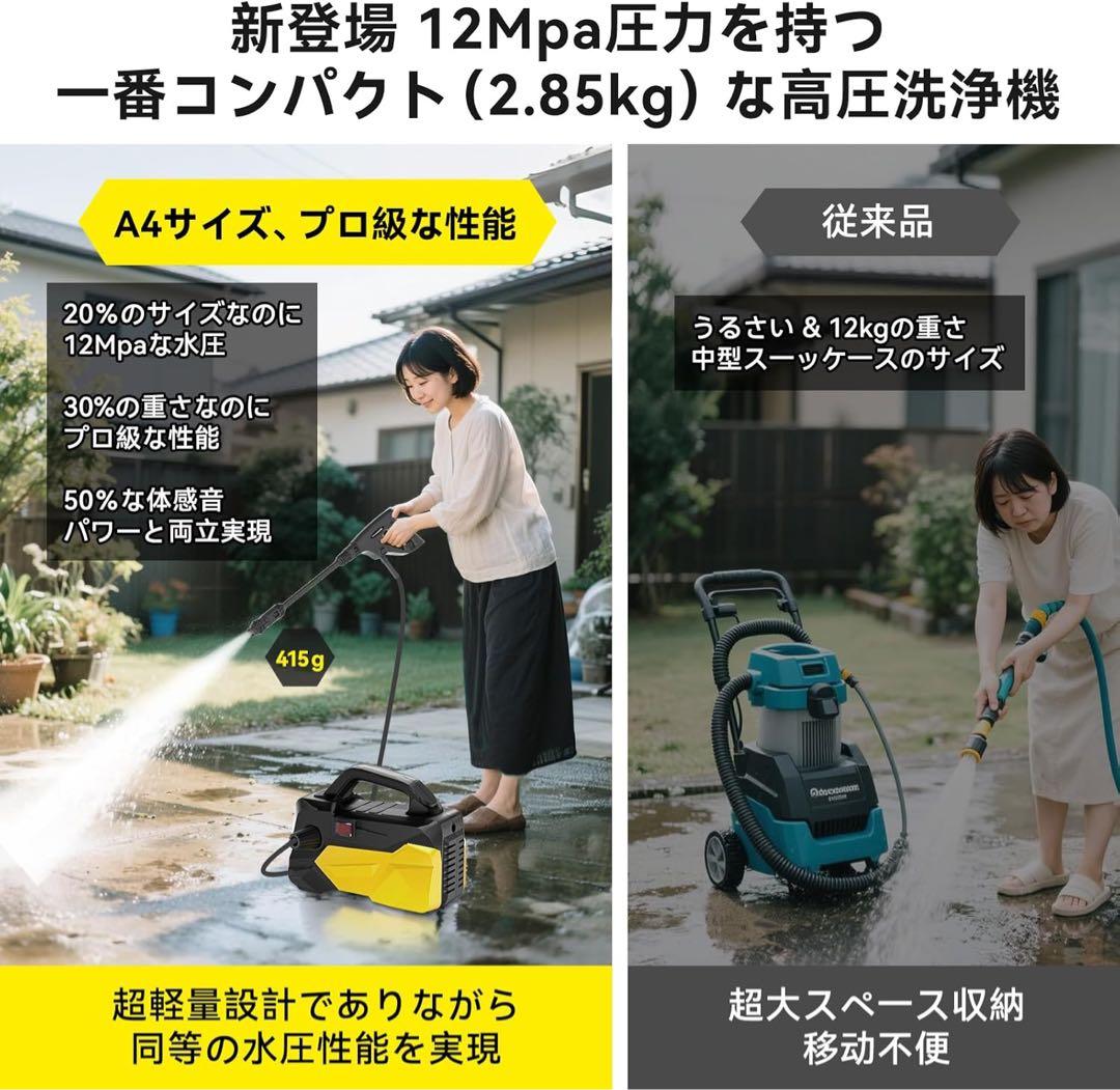 高圧洗浄機 小型 軽量2.85kg✨12MPa静音 収納 洗車 家周り