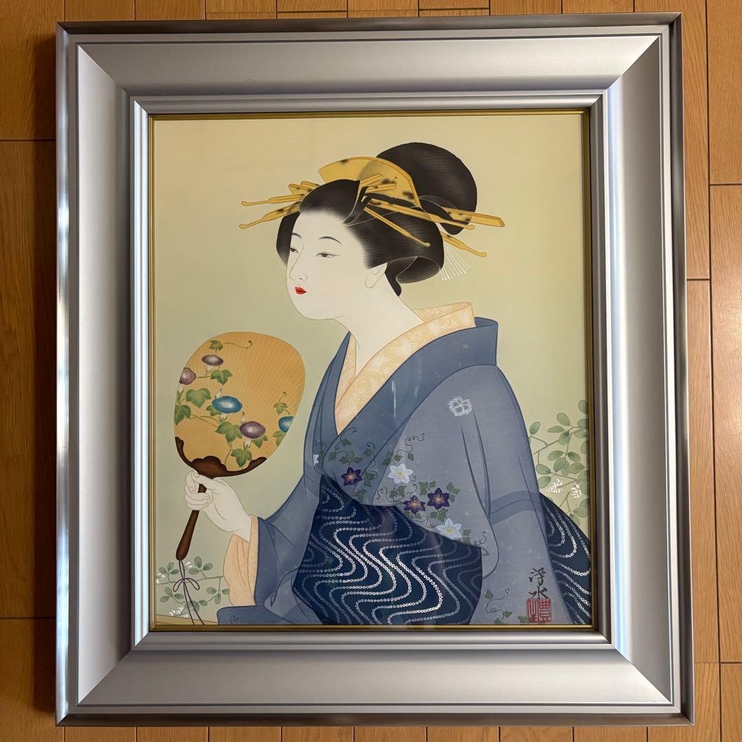 堀江浮水 額装 美人画 日本画 着物