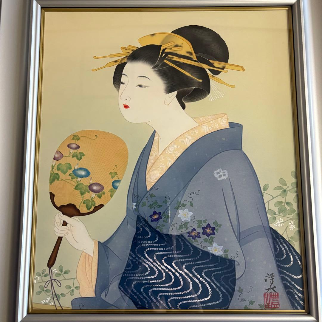 堀江浮水 額装 美人画 日本画 着物