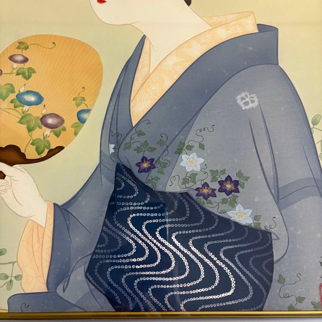 堀江浮水 額装 美人画 日本画 着物
