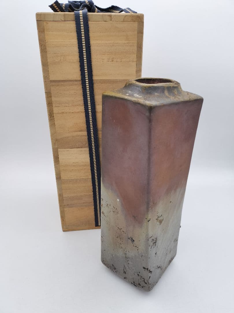 b80 花入 備前 窯変 四方 角 木村陶峰 木箱 茶道具 古物