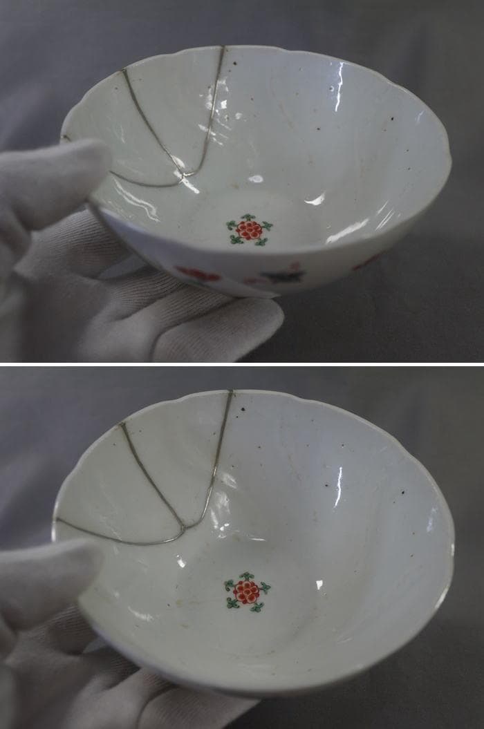 古伊万里　色絵　碗　鉢　柿右衛門手　撫子文　色絵五弁花見込　本錫補修