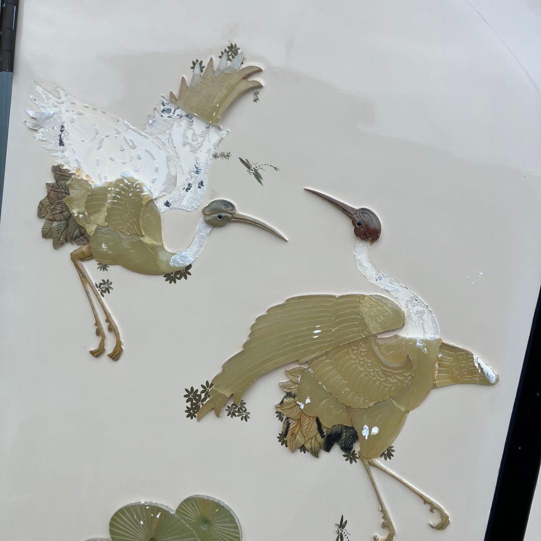 中国骨董 天然石細工 松 鶴 とんぼ 古典画装飾 木製 4連屏風 衝立 間仕切り