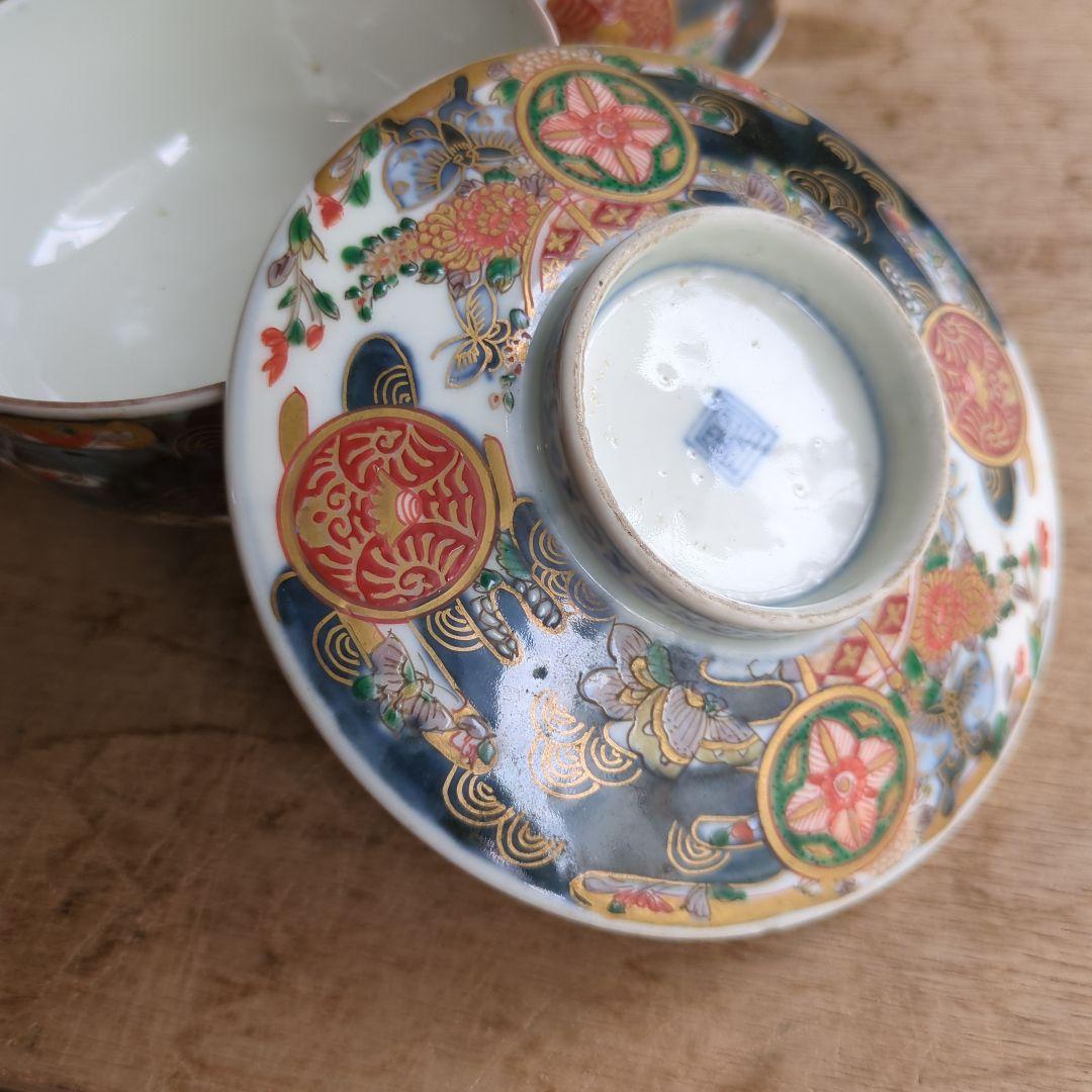 骨董 古伊万里 染錦 蓋茶碗 茶碗 煮物碗 色絵 アンティーク 5つ〜