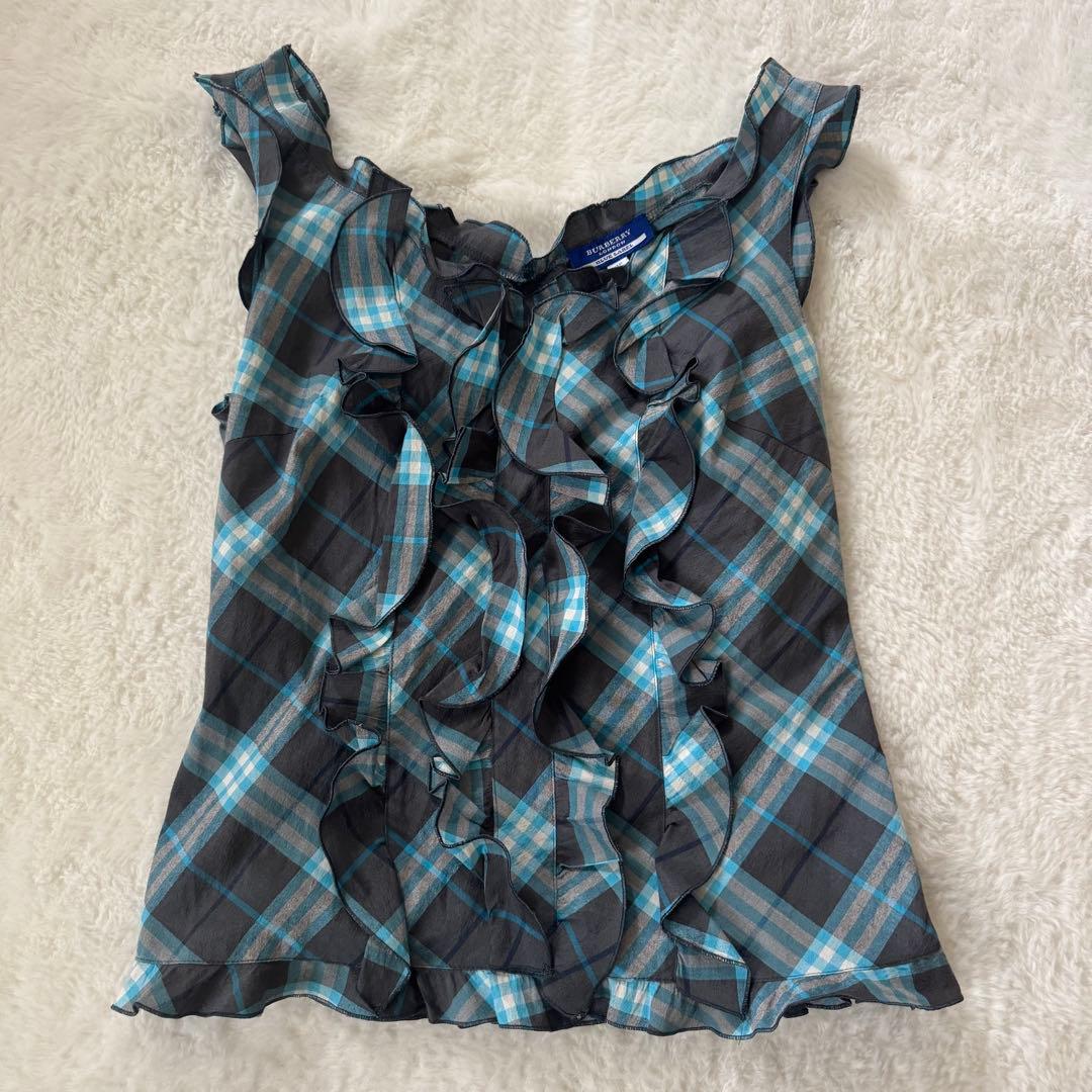 バーバリーブルーレーベル　タンクトップ　ノースリーブ　フリル　ブルー系　38