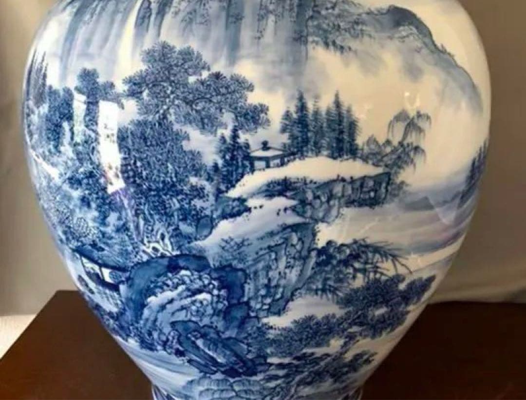 【希少品】古美術　大花瓶　精描かれた山水画青花染付け