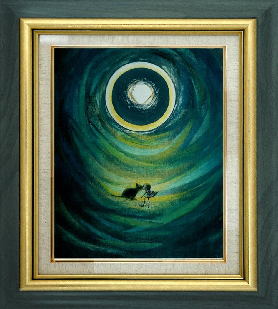 油絵 菅家令子絵 絵画インテリア額付(青緑＋金色の枠)F3-031119猫女の子