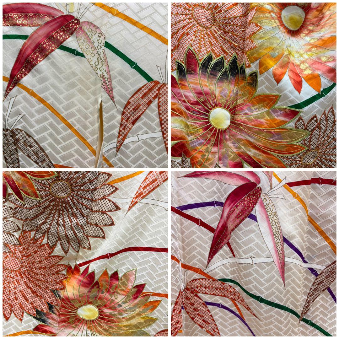 A5 高島屋扱い 笹に金駒刺繍の菊模様 白 金彩 正絹 袷 振袖 着物 K12