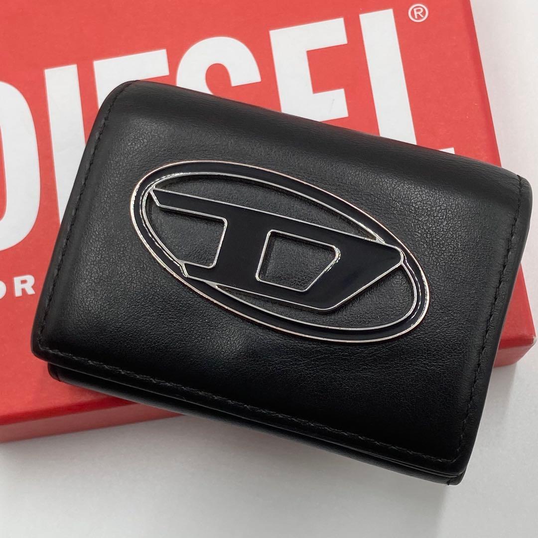 極美品　DISEL 三つ折り財布　1dr オーバル　ロゴ金具　レザー　ブラック