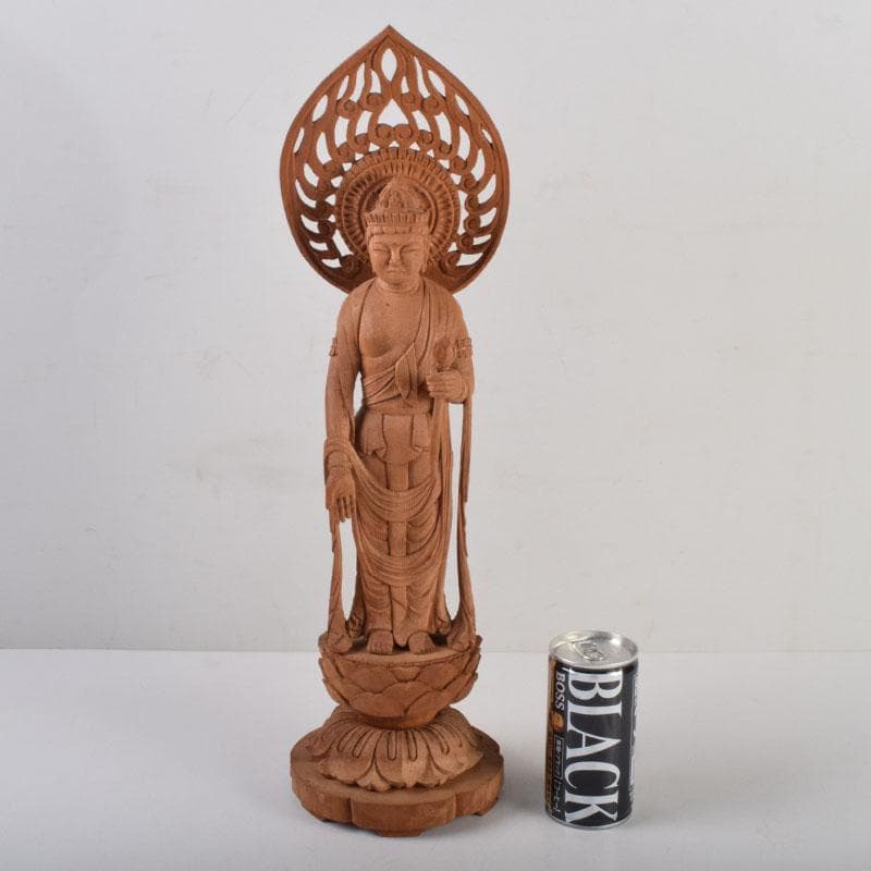 仏教美術　木彫　観音菩薩立像　仏像　置物　在銘　高さ約46cm　V　8764
