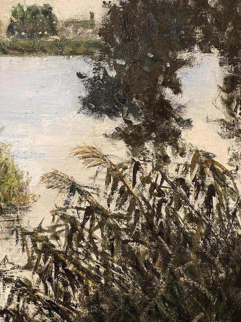 「真作」真殿靖「水郷(安土八幡)」風景画　油彩画　額装　サイン有り　P20号