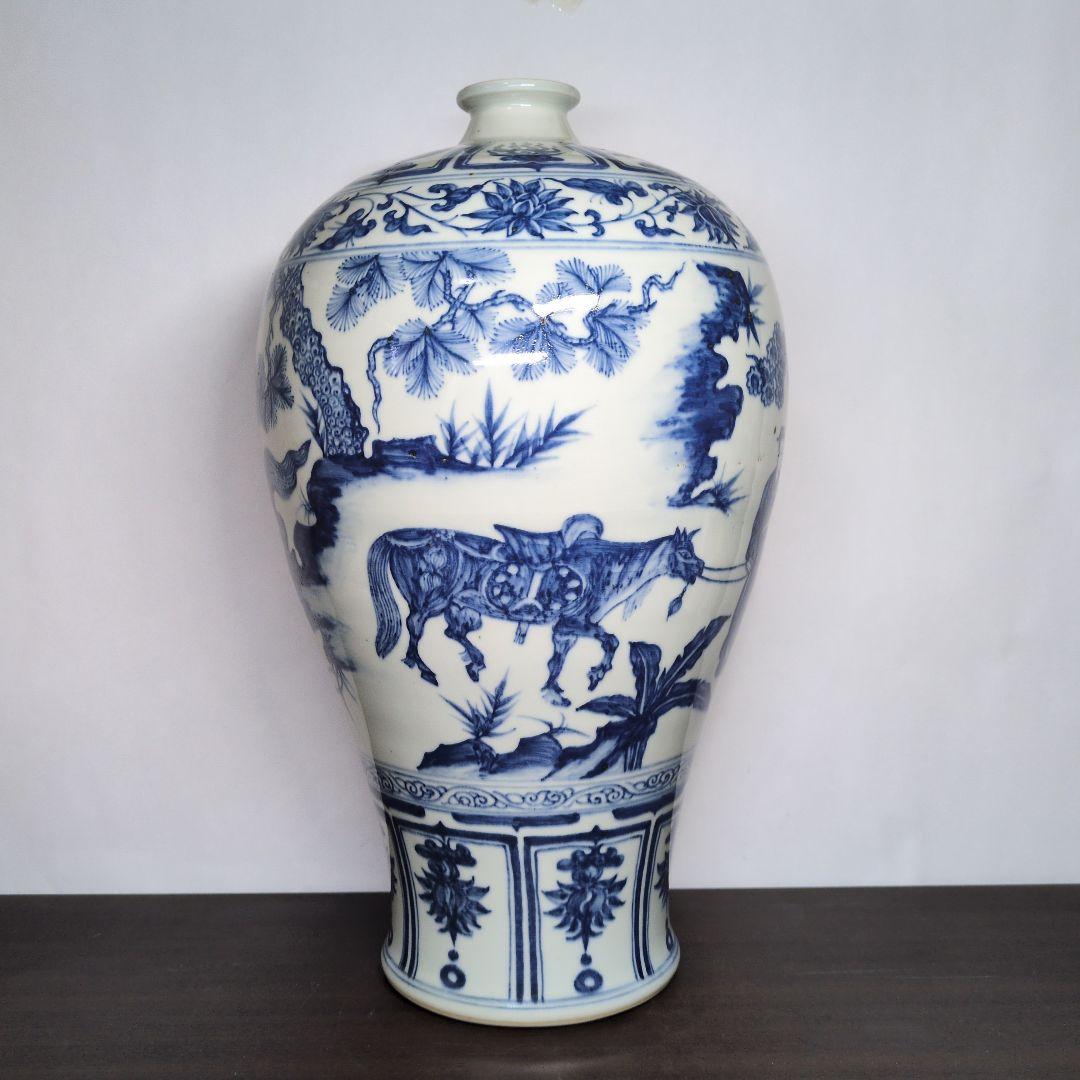 青花 山水唐人文 梅瓶 高さ約40cm