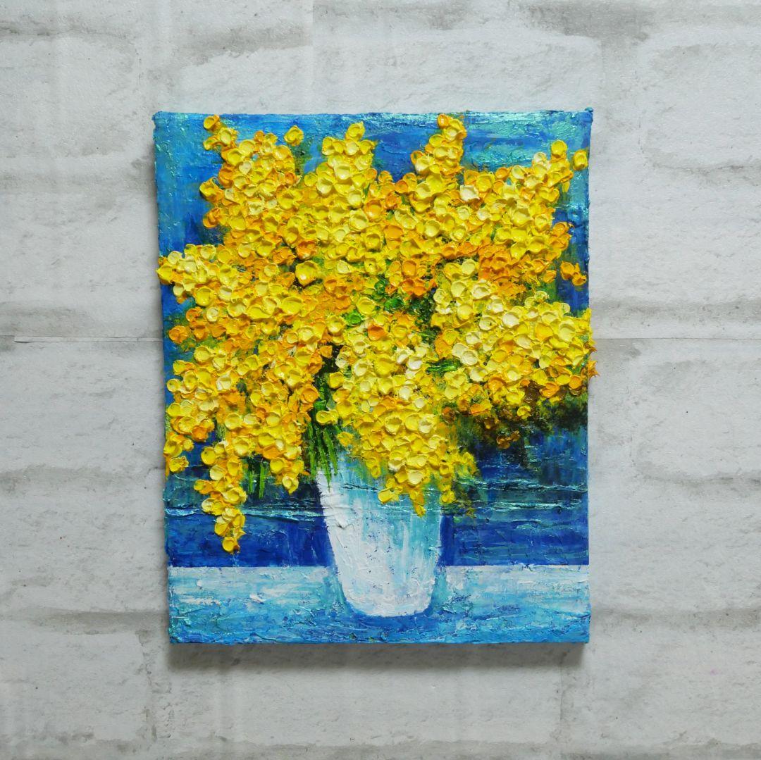 油絵 油彩 油彩画 絵 絵画 【青い背景のミモザ】