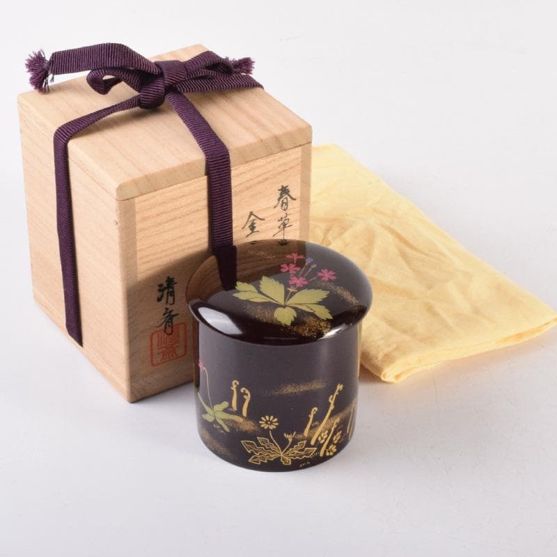 茶道具　輪島塗　元岡清斉作　春草蒔絵　金輪寺棗　共箱　V　7203