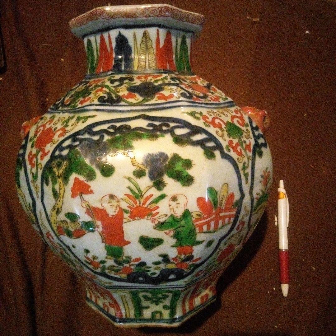 中国陶磁器　明万歴赤絵　唐子壺