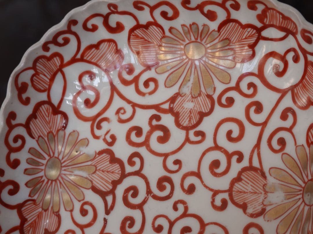 江戸後期　古伊万里　赤絵　金彩　菊　唐草文　向付　5客　膾皿　鉢　バラ売り可能