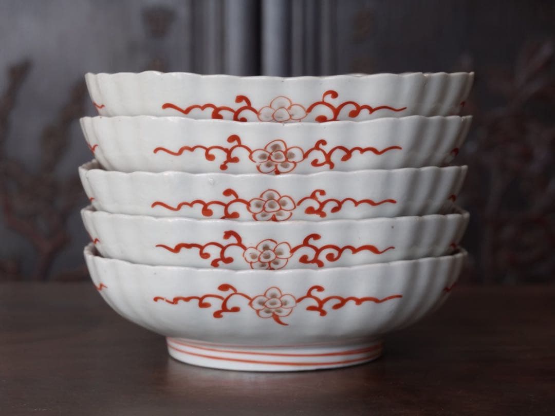 江戸後期　古伊万里　赤絵　金彩　菊　唐草文　向付　5客　膾皿　鉢　バラ売り可能