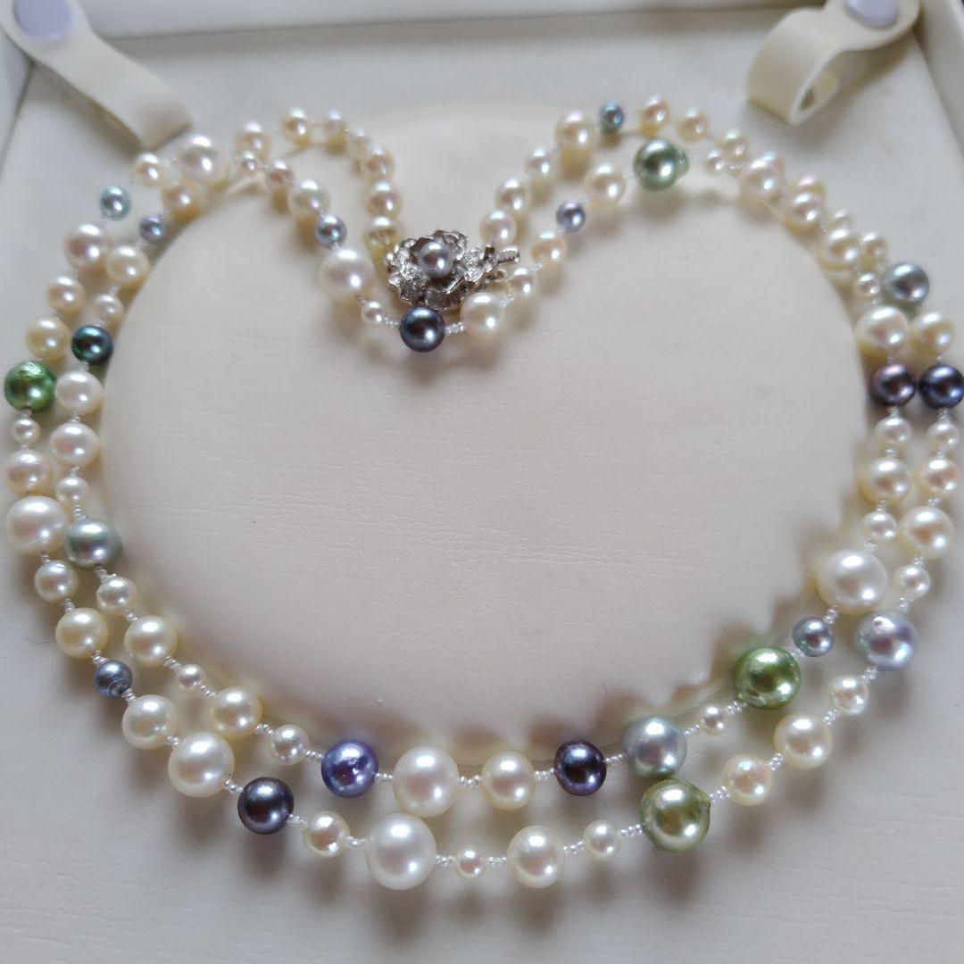 アコヤ真珠マルチカラー、マルチサイズ、あこや砂芥子パールのロングネックレス