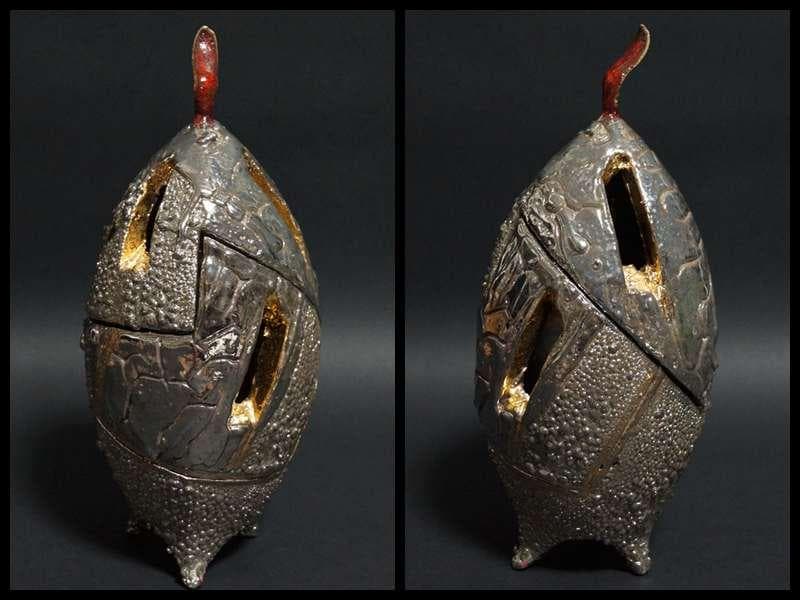 現代陶芸家 市川透造 造形香炉 金プラチナ使用 共箱 共布備前 (師/隠崎隆一)