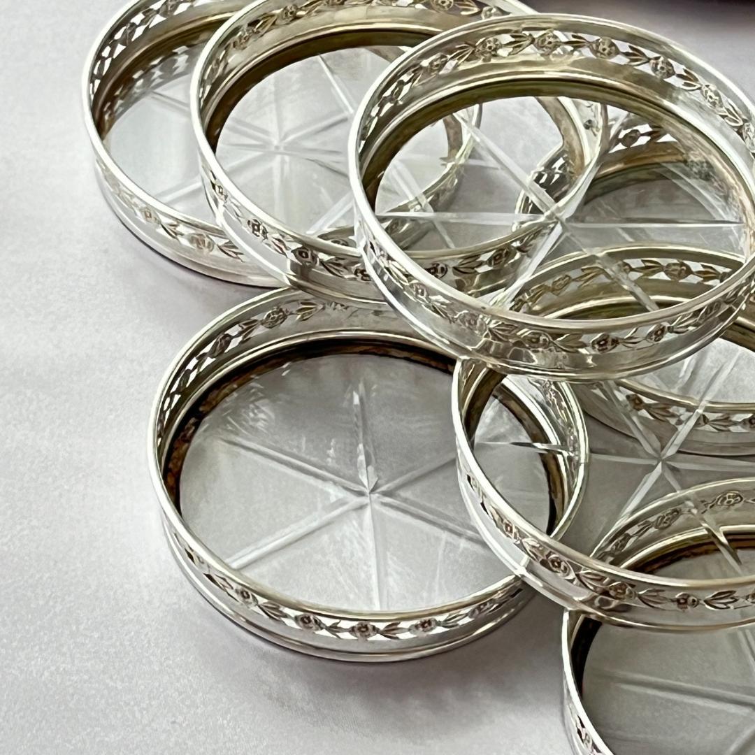 【BIRKS】 【純銀/ガラス】フローラルのコースター 8枚 スターリング