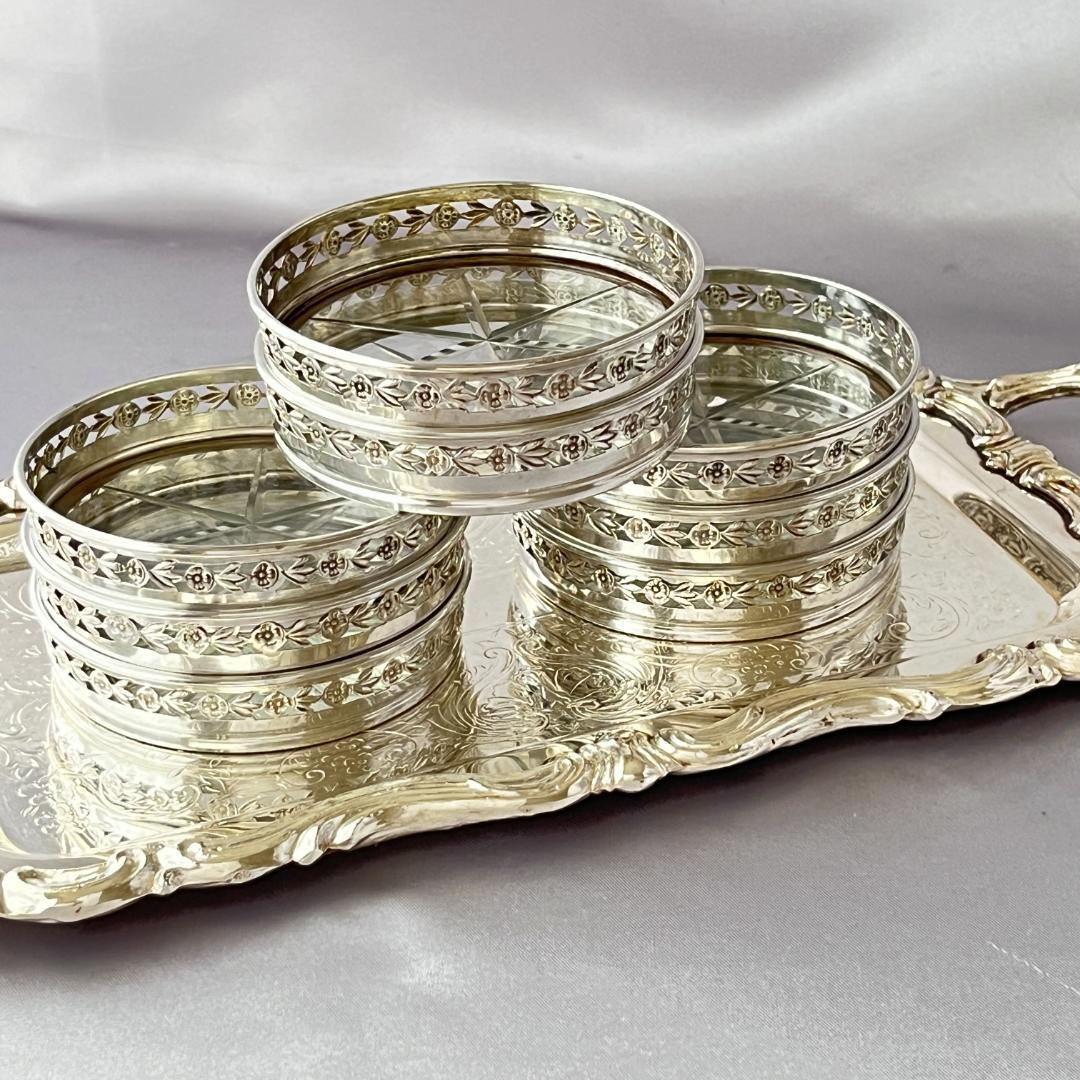 【BIRKS】 【純銀/ガラス】フローラルのコースター 8枚 スターリング