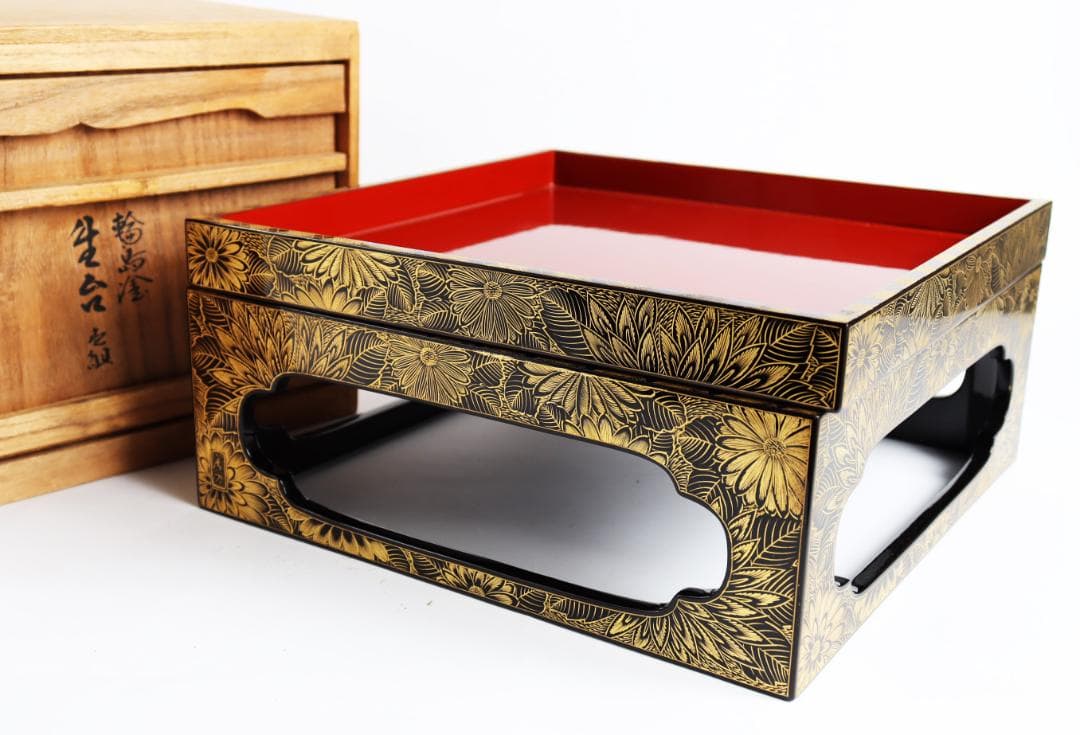 輪島塗 総菊蒔絵 重台 共箱 懐石道具 会席 重箱