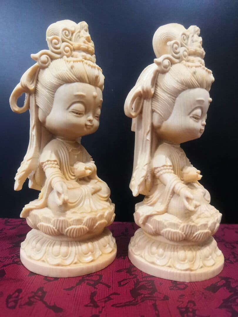 【修縁堂】彫刻仏像 2点セット Q版観音 観音菩薩 観音像 置物 木彫 開運風水
