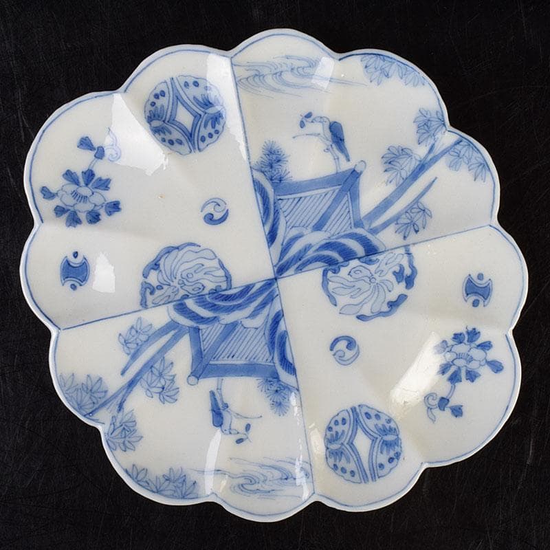 瀬戸焼　松籟園製　染付　花鳥文　扇面皿　V　R9526