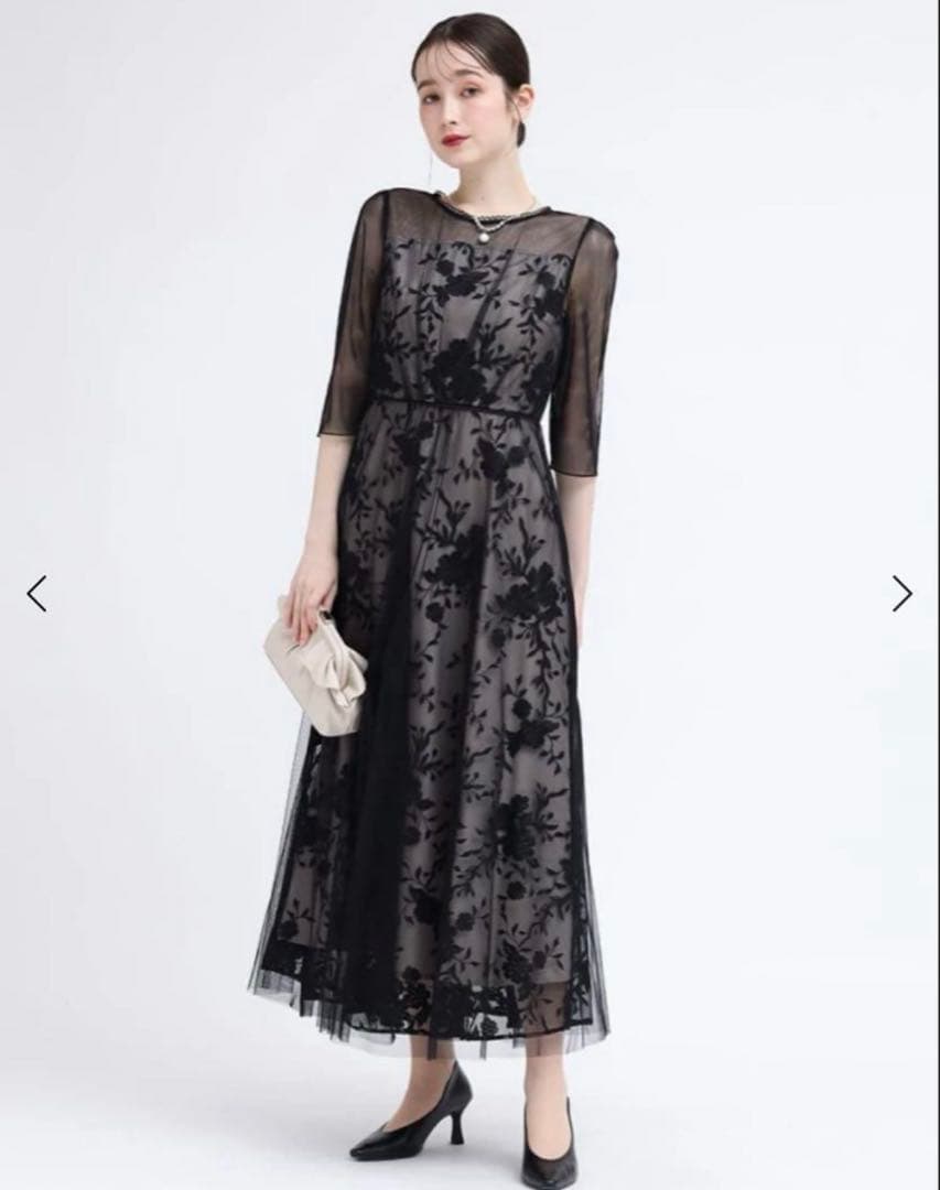 Rire fete チュールレイヤードフラワー刺繍ドレス