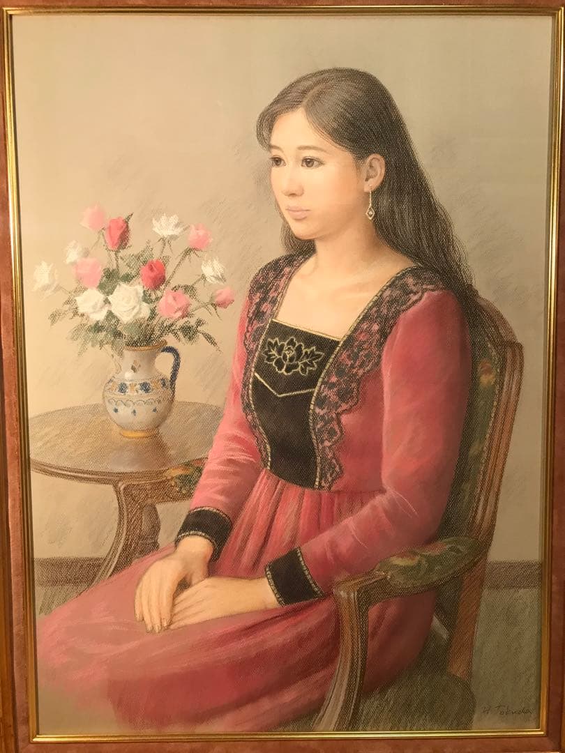 徳田宏行　「赤いドレスの女性」　パステル画２０号　直筆サイン有り