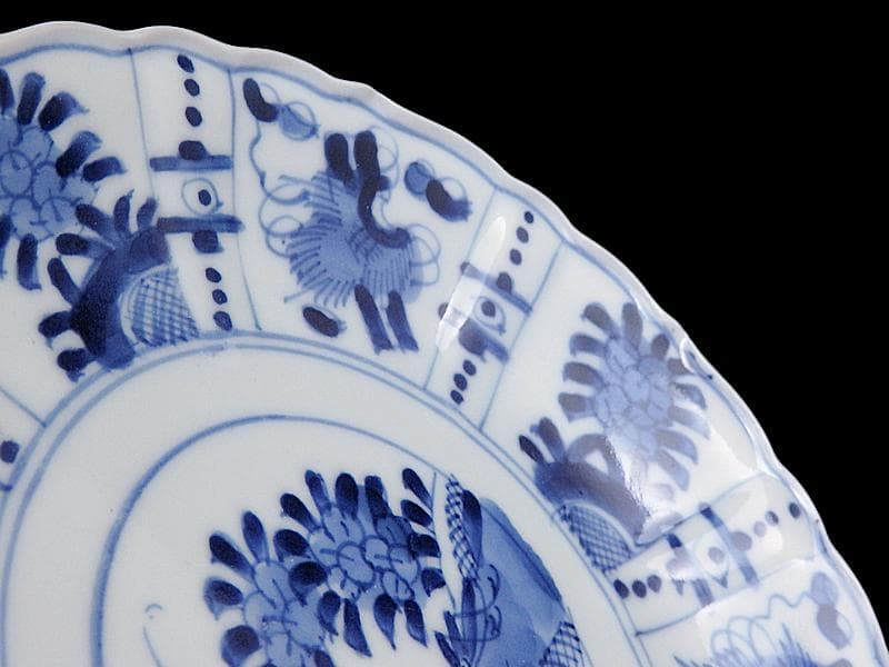 平戸　伊万里　染付　芙蓉手　隠れ蓑に花の図　６寸皿　２枚　E179AS-CSh