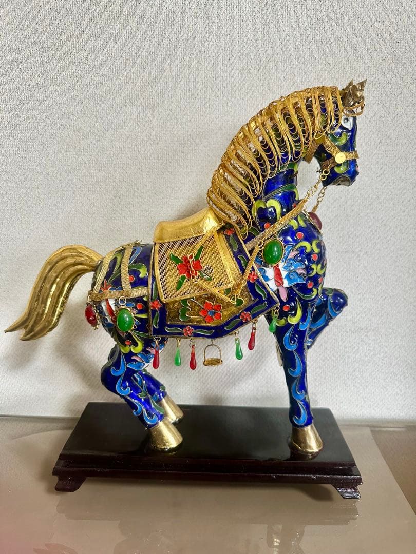 「中国の七宝焼」アンティーク装飾馬の置物 青と金
