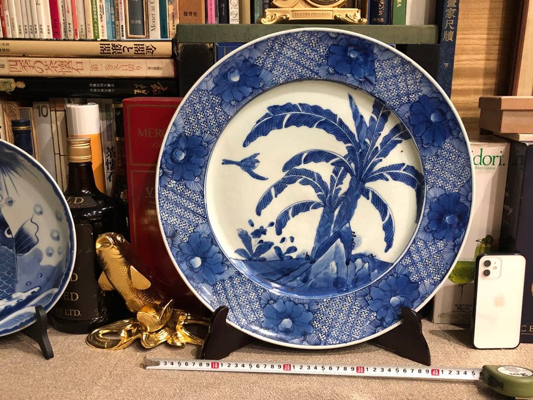 古染付大皿。蕉葉花鳥文。天保染付。江戸時代。美品。古美術。骨董品。舊家藏出。