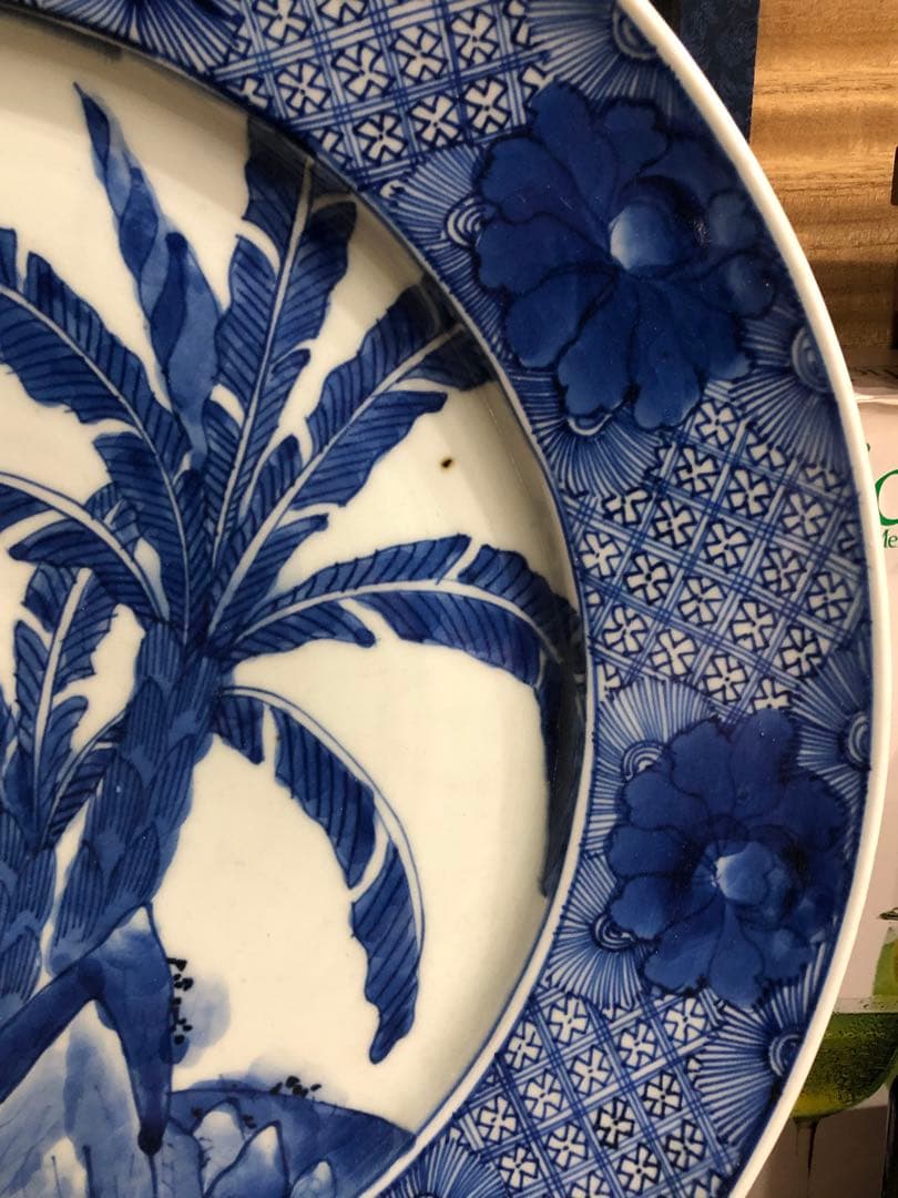 古染付大皿。蕉葉花鳥文。天保染付。江戸時代。美品。古美術。骨董品。舊家藏出。