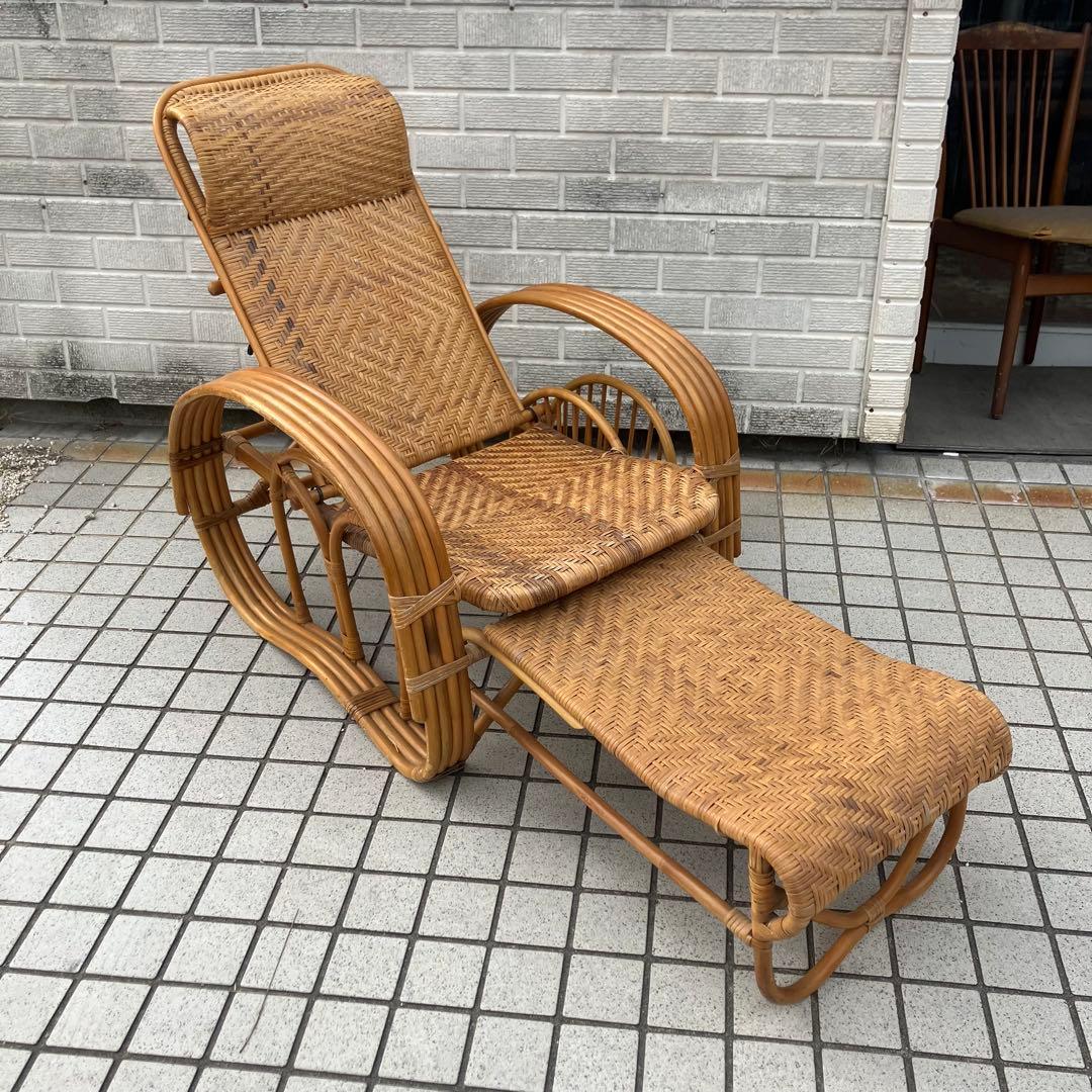 昭和レトロ ラタンリクライニングチェア オットマン付き 籐家具 1人掛けソファー