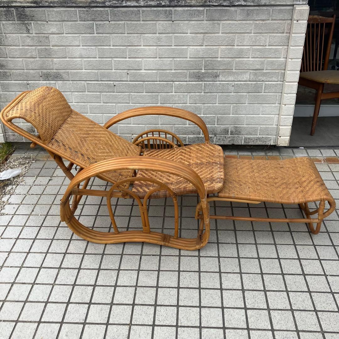 昭和レトロ ラタンリクライニングチェア オットマン付き 籐家具 1人掛けソファー