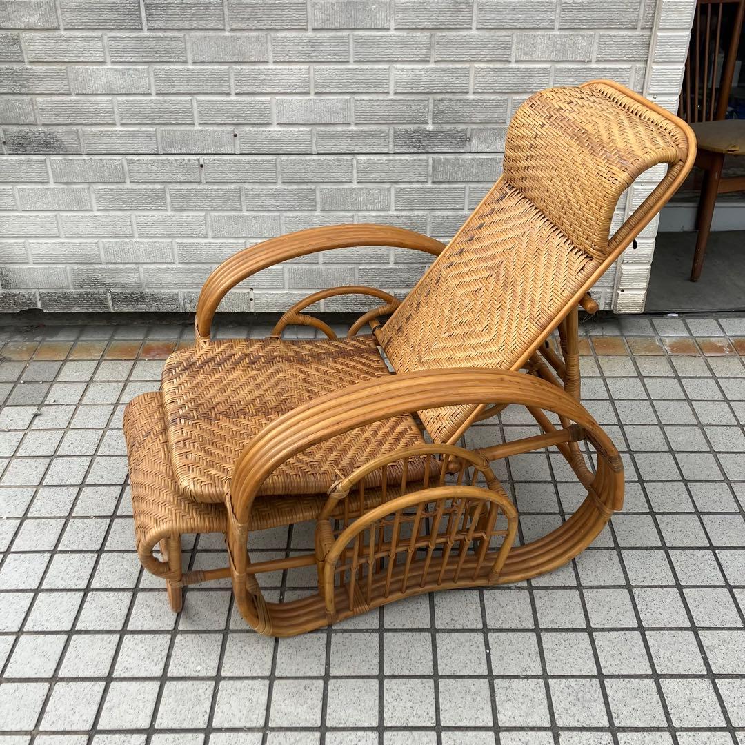 昭和レトロ ラタンリクライニングチェア オットマン付き 籐家具 1人掛けソファー