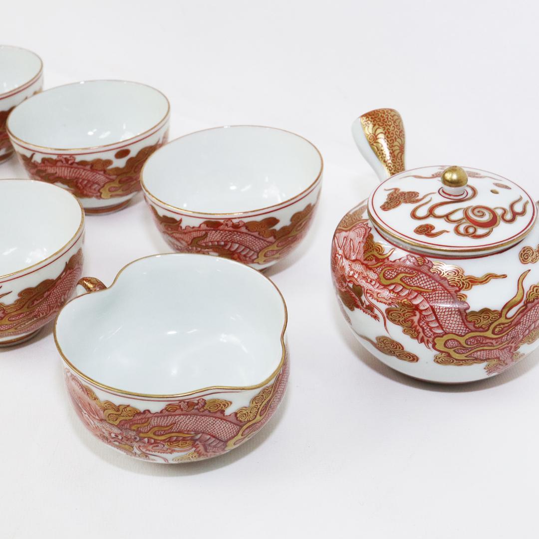 加賀 九谷 鏑木製 煎茶 茶器揃　共箱　赤絵 金彩