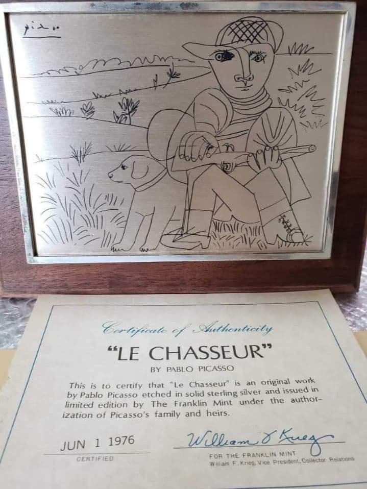 安心の本物保証。PABLOPICASSO作「狩人」ピカソ、純銀製、相続人承諾書、