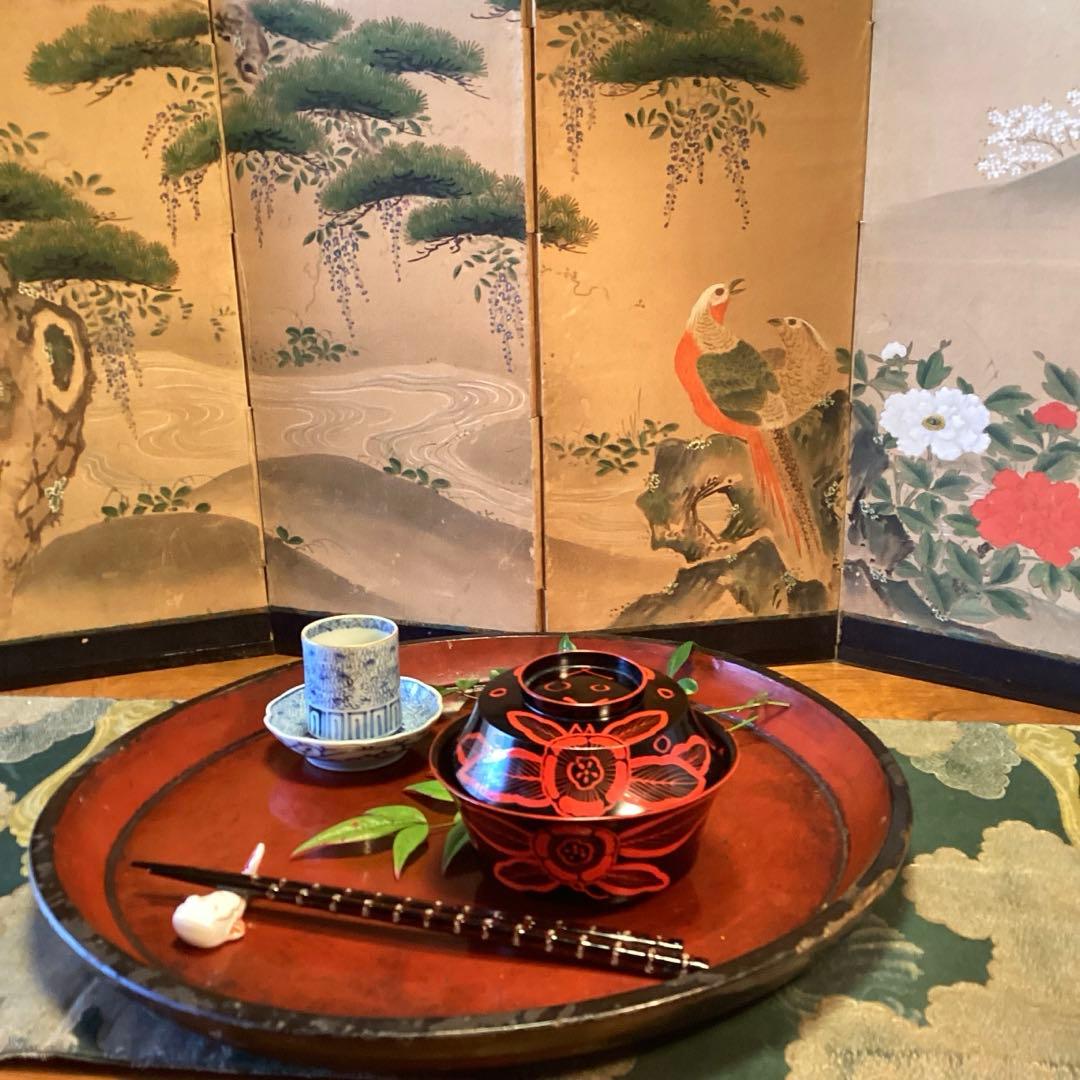 A1055 木製輪島塗　吉野椀　芙蓉紋様　吸い物椀　5客