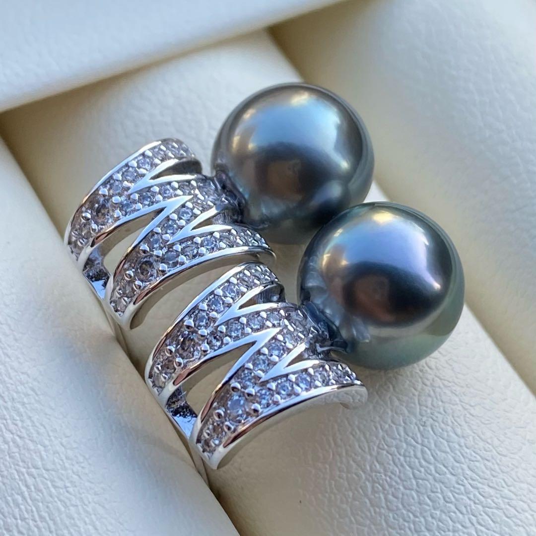 本真珠　南洋黒蝶真珠タヒチパールピアス　9.4mmグリーンP1188